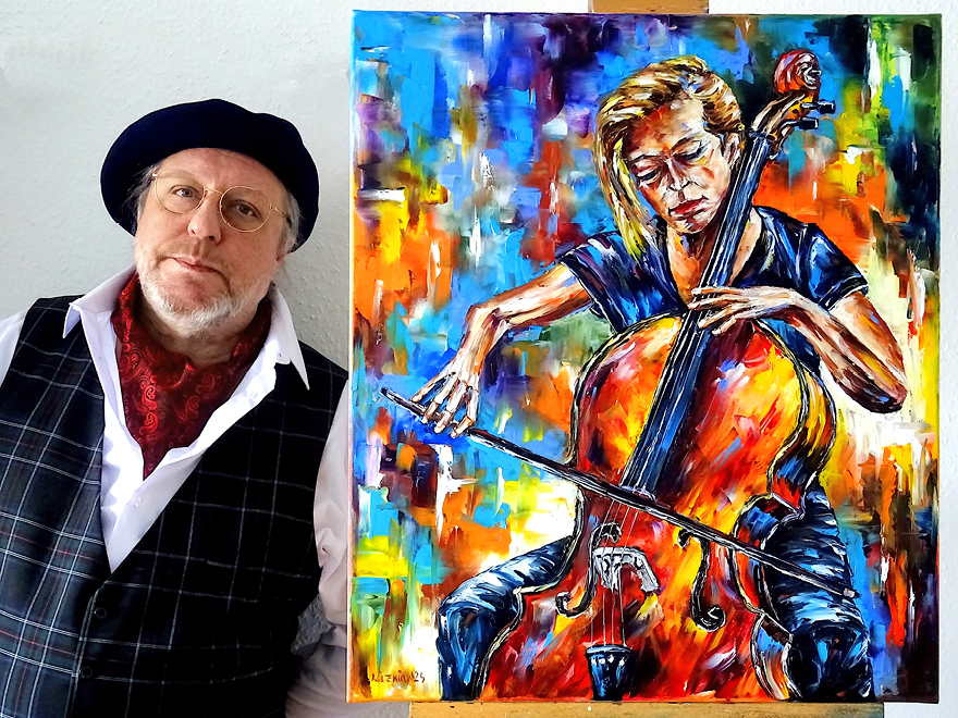 The artist stands in front of his painting 'The Cellist'