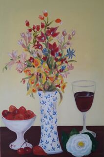 Bild "Stillleben mit Erdbeeren, Blumenstrauß, Weinglas, Rose" (2024)
