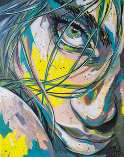 Picture "Karmen - Portrait woman turquoise yellow nude eye view" (2022)