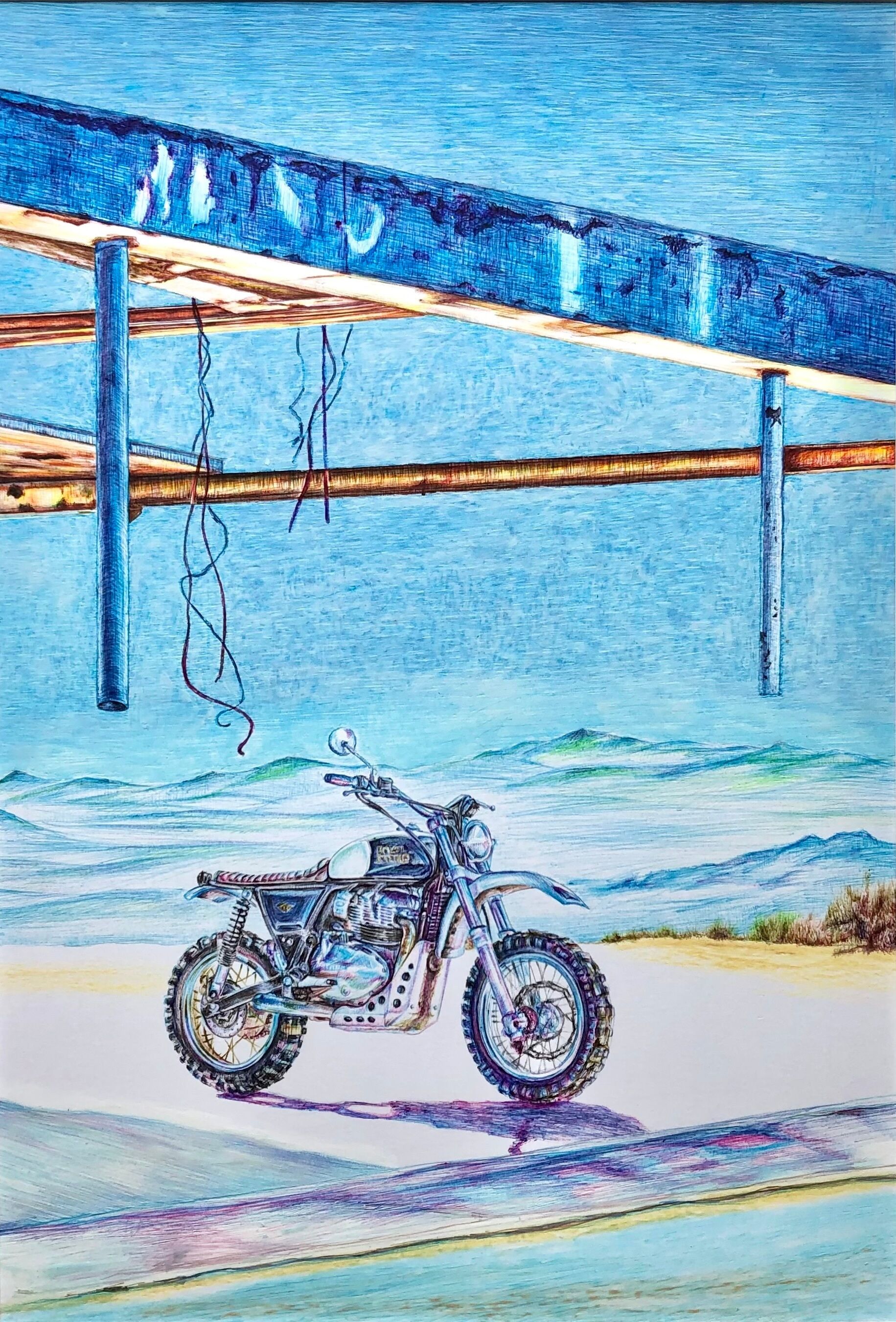Picture "Royal Enfield motorcycle on scaffolding" (2021)